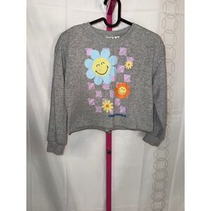 Smiley World Kids Grey Cropped Sweatshirt Flower Smiley Face Print‎ Size S 6 7